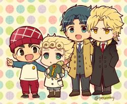  4boys black_coat blonde_hair blue_necktie bright_pupils brown_coat brown_eyes coat dio_brando giorno_giovanna green_eyes guido_mista jojo_no_kimyou_na_bouken jonathan_joestar morino_peko multiple_boys necktie open_mouth orange_eyes phantom_blood pointing pointing_forward polka_dot polka_dot_background vento_aureo white_pupils 