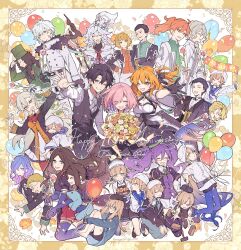  6+boys 6+girls anger_vein anniversary ascot atlas_academy_uniform baker_nemo_(fate) balloon black_hair blonde_hair blue_hair bouquet braid braided_ponytail brown_hair captain_nemo_(fate) cerejeira_elron chaldea_uniform closed_eyes confetti dress duston_(fate) engineer_nemo_(fate) facial_hair fate/grand_order fate_(series) flower fou_(fate) fujimaru_ritsuka_(female) fujimaru_ritsuka_(male) fur-trimmed_jacket fur_trim glasses gloves goredolf_musik gradient_hair grey_hair hair_ornament hanagata hat highres holding holding_balloon holding_bouquet holding_flower holding_staff jacket jingle_abel_meuniere kadoc_zemlupus leonardo_da_vinci_(fate) leonardo_da_vinci_(rider)_(fate) lev_lainur_flauros long_hair long_sleeves looking_at_viewer marine_nemo_(fate) marisbury_animusphere mash_kyrielight medium_hair merlin_(fate) multicolored_hair multiple_boys multiple_girls mustache nemo_(fate) nurse_nemo_(fate) olga_marie_animusphere one_eye_closed open_mouth orange_hair pants pantyhose pink_hair ponytail professor_nemo_(fate) purple_hair robe romani_archaman sailor sherlock_holmes_(fate) shirt short_hair short_sleeves shorts sion_eltnam_(type-moon) sion_eltnam_sokaris skirt smile staff sylvia_(fate) top_hat turban twintails white_hair 
