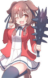  1girl ;d animal_ears black_ribbon black_thighhighs blazer blush bokusatsu_tenshi_dokuro-chan bone_hair_ornament braid breasts brown_hair brown_shoes cartoon_bone club_(weapon) collared_shirt commentary_request cosplay dog_ears dress_shirt fangs hair_between_eyes hair_ornament hair_over_shoulder hand_up highres holding hololive inugami_korone jacket loafers long_sleeves low_twintails medium_breasts mitsukai_dokuro mitsukai_dokuro_(cosplay) neck_ribbon one_eye_closed open_clothes open_jacket pleated_skirt red_eyes red_jacket ribbon school_uniform shirt shoes simple_background skirt smile solo spiked_club thigh-highs twin_braids twintails umberblack virtual_youtuber weapon white_background white_shirt white_skirt 