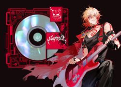  1boy album_cover alternate_costume arm_tattoo armband black_background black_gloves black_pants black_shirt black_tank_top blonde_hair braid cd chest_tattoo collar commentary cover electric_guitar facial_tattoo fingerless_gloves fsh887624596321 gloves gold_necklace gradient_hair guitar hair_between_eyes highres holding holding_instrument holding_plectrum honkai:_star_rail honkai_(series) instrument jewelry male_focus medium_hair multicolored_hair mydei_(honkai:_star_rail) necklace pants plectrum red_collar red_hair red_tattoo shirt side_braid simple_background single_glove sleeveless sleeveless_shirt solo symbol-only_commentary tank_top tattoo yellow_eyes 
