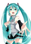  aqua_eyes aqua_hair armpits caffein detached_sleeves hands hatsune_miku headset long_hair necktie open_mouth outstretched_arm outstretched_hand reaching singing skirt solo tattoo thighhighs twintails very_long_hair vocaloid zettai_ryouiki 