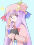  adjusting_glasses bespectacled book crescent glasses hat long_hair patchouli_knowledge purple_eyes purple_hair solo toobane touhou very_long_hair 