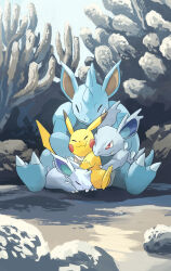  claws closed_eyes closed_mouth cuddling evolutionary_line highres horns hug nidoqueen nidoran nidoran_(female) nidorina outdoors pikachu pokemon pokemon_(creature) red_eyes rock single_horn sitting smile tail yamaori_(hakkentai_pokedan) 