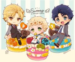  3boys :3 arm_support belt black_vest blonde_hair blue_hair blush braid brown_belt chibi chibi_only crossed_legs dio_brando earrings food fruit giorno_giovanna green_eyes grey_pants heart holding holding_heart holding_star jewelry jojo_no_kimyou_na_bouken jonathan_joestar macaron male_focus morino_peko multiple_boys necktie on_food open_mouth orange_eyes pants phantom_blood sailor_collar sitting star_(symbol) stone_mask_(jojo) strawberry striped_background striped_necktie vento_aureo vest 