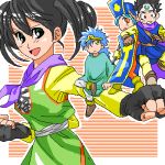  blue_hair circlet dragon_quest dragon_quest_iii fighter_(dq3) fingerless_gloves gloves green_eyes hat long_hair lowres mitre oekaki priest_(dq3) red_eyes roto sage_(dq3) short_hair staff sword twintails uo_sakana weapon 