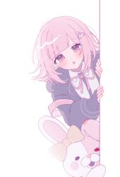  1girl :o blunt_bangs bow brown_hair danganronpa_(series) danganronpa_2:_goodbye_despair dress_shirt ear_bow highres hood hood_down jacket long_sleeves medium_hair monomi_(danganronpa) nanami_chiaki neck_ribbon open_clothes open_jacket peeking_out pink_eyes pink_ribbon pote_(pote_39) red_eyes ribbon shirt spaceship_hair_ornament white_background 