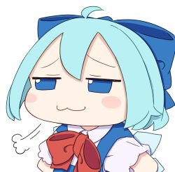  1girl :3 absurdres ahoge blue_bow blue_dress blue_eyes blue_hair blush_stickers bow bowtie cirno closed_mouth collared_shirt commentary double-parted_bangs dress fumo_(doll) furrowed_brow hair_bow highres ice ice_wings kame_(kamepan44231) pinafore_dress puff_of_air red_bow red_bowtie shirt short_hair short_sleeves simple_background sleeveless sleeveless_dress solo touhou white_background white_shirt wings 