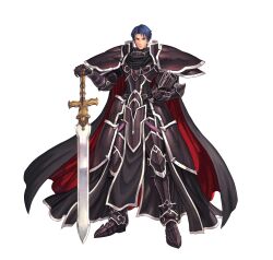  1boy absurdres alondite armor blue_hair cape fire_emblem fire_emblem:_radiant_dawn fire_emblem_heroes full_armor full_body green_eyes hand_on_hilt helmet highres holding holding_unworn_helmet izuka_daisuke male_focus official_art pauldrons second-party_source short_hair shoulder_armor simple_background solo spoilers sword two-sided_cape two-sided_fabric unworn_headwear unworn_helmet weapon white_background zelgius_(fire_emblem) zelgius_(jet-black_general)_(fire_emblem) 