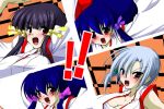  4girls :d all-out_attack angry arcana_heart arms_up bangs black_hair blue_hair blunt_bangs blush breasts cleavage close-up cosplay hair_ribbon hime_cut hoppa- hopper_(canon) japanese_clothes kasuga_koito kasuga_kouta kasuga_maori kasuga_tsuzune large_breasts long_hair miko multiple_girls open_clothes open_mouth open_shirt parody persona persona_4 ponytail red_eyes ribbon sarashi shirt short_hair siblings side_ponytail silver_hair sisters smile twins 