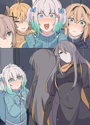  5girls :d addendium aqua_hair aqua_jacket black_dress black_eyes black_hair blonde_hair blue_eyes brown_hair closed_mouth dokibird dooby_(vtuber) dress emissary_zero gradient_hair green_eyes hair_ornament hairclip highres indie_virtual_youtuber jacket long_hair maid_headdress medium_hair mint_fantome multicolored_hair multiple_girls multiple_views nimi_nightmare one_eye_covered open_mouth orange_scarf pointy_ears scarf smile triangular_headpiece upper_body virtual_youtuber white_hair yellow_jacket 