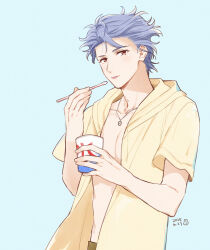  1boy blue_background cup dated eating grey_hair highres holding holding_cup hood hood_down hoodie jewelry krudears looking_at_viewer male_focus necklace open_clothes open_hoodie red_eyes shitara_seiji short_hair solo tokimeki_memorial tokimeki_memorial_girl&#039;s_side tokimeki_memorial_girl&#039;s_side_3rd_story tongue tongue_out upper_body yellow_hoodie 