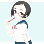  blush glasses oza_watto pen school_uniform short_hair simple_background 