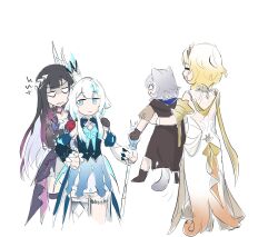  4girls absurdres aglaea_(honkai:_star_rail) animal_ears armpit_carry black_hair blonde_hair blue_dress blue_eyes blue_hair carpp20 cat_ears cat_girl cat_tail cerydra_(honkai:_star_rail) cipher_(honkai:_star_rail) closed_eyes crown dress english_commentary hiding hiding_behind_another highres holding holding_scepter honkai:_star_rail honkai_(series) hysilens_(honkai:_star_rail) long_hair multiple_girls scepter short_hair slit_pupils smile tail white_dress 