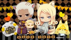  2boys animal_ears argyle_background black_eyes blonde_hair blue_eyes character_doll chibi chibi_only closed_mouth curly_hair dark-skinned_male dark_skin dio_brando dog_ears dog_tail doll enrico_pucci funny_valentine grey_jacket heart jacket jojo_no_kimyou_na_bouken kemonomimi_mode morino_peko multiple_boys sheep_boy sheep_ears steel_ball_run stone_ocean tail 