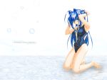  armpits arms_up barefoot blue_eyes blue_hair competition_swimsuit feet hayase_mitsuki kimi_ga_nozomu_eien kneeling long_hair mouth_hold one-piece_swimsuit ribbon swimsuit very_long_hair wallpaper water 
