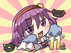  1girl :3 :d blue_shirt blush chibi chibi_only collared_shirt commentary_request cropped_torso frilled_sleeves frills hair_ornament hairband hands_up heart heart_hair_ornament kaenbyou_rin kaenbyou_rin_(cat) komeiji_satori long_sleeves looking_at_viewer open_mouth purple_hair red_hairband reiuji_utsuho reiuji_utsuho_(bird) rokugou_daisuke shirt short_hair signature sleeves_past_fingers sleeves_past_wrists smile solo sunburst sunburst_background third_eye touhou violet_eyes 