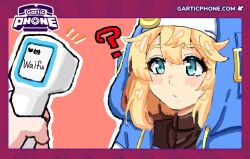 1girl 1other :/ ? aqua_eyes aroma_(aromax) blonde_hair blush bridget_(guilty_gear) commentary_request drawstring english_text female_focus gartic_phone gartic_phone_(medium) guilty_gear guilty_gear_strive hood hooded_jacket hoodie infrared_thermometer jacket looking_at_viewer marumaru_uhuhu outline pov pov_hands red_background upper_body white_outline