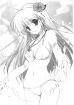  flower hair_flower hair_ornament highres jewelry long_hair mikeou monochrome necklace sky swimsuit 