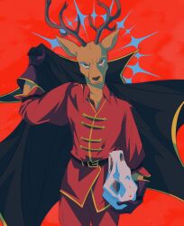  animal_ears antlers beastars deer_antlers deer_boy deer_ears furry furry_male gloves holding holding_skull horns karina_farek louis_(beastars) male_focus pants shirt skull 