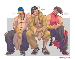  3boys ^_^ absurdly_long_hair amagayu0104 bare_shoulders baseball_cap black_hair black_pants black_shoes braid bridal_gauntlets brothers brown_hair character_name chinese_clothes closed_eyes commentary_request covered_eyes cropped_jacket crossed_legs elbow_on_thigh full_body grin hat highres invisible_chair jacket jamie_siu long_hair long_sleeves male_focus midriff multiple_boys navel open_mouth own_hands_clasped own_hands_together pants shoelaces shoes siblings side-by-side single_bang sitting smile sneakers street_fighter street_fighter_6 teeth twins twitter_username very_long_hair white_trim yang_lee yellow_bridal_gauntlets yellow_jacket yellow_pants yun_lee 