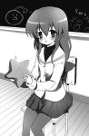  clannad classroom dango_daikazoku hanao_(artist) hanao_(kuma-tan_flash!) ibuki_fuuko long_hair monochrome pantyhose school_uniform sitting star starfish stars 