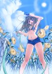  blue_eyes brown_hair flower hat hose open_mouth sky swimsuit 