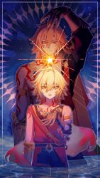  2boys age_comparison arm_tattoo armlet black_coat black_gloves black_shirt blonde_hair braid chest_tattoo clawed_gauntlets coat dual_persona earrings facial_tattoo gloves gold_earrings gold_necklace gradient_hair hadanugi_dousa haibarakinoma hair_between_eyes hashtag-only_commentary highres honkai:_star_rail honkai_(series) jewelry male_focus medium_hair multicolored_hair multiple_boys mydei_(a_trail_of_bygone_blood)_(honkai:_star_rail) mydei_(honkai:_star_rail) necklace open_clothes open_coat partially_submerged red_hair red_tattoo shirt side_braid sleeveless sleeveless_shirt tattoo time_paradox toned toned_male torn_clothes torn_shirt yellow_eyes 