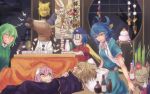  anger_vein bamboo blue_eyes blue_hair board_game bottle cape earmuffs green_hair hair_ornament hairpin hat hata_no_kokoro horse horse_mask kagami_mochi kaku_seiga mahjong miyako_yoshika mononobe_no_futo napoleon_crossing_the_alps new_mask_of_hope ofuda poster sitting soga_no_tojiko tagme tate_eboshi touhou toyosatomimi_no_miko vento 