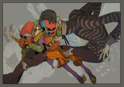  2boys androgynous arlecchino_(vlad_grimms) asymmetrical_eyes asymmetrical_mask asymmetrical_sleeves bakushi_(smys2017) bell-bottoms black_eyes black_hair black_nails black_pants black_ribbon black_sleeves blue_mask blunt_bangs blunt_ends bob_cut boots border bow brown_hair buttoned_cuffs buttons card collared_shirt colored_sclera colored_skin comedy_and_tragedy_masks commentary_request extra_arms familiar fingernails full_body giant green_hat green_sleeves grey_background grey_border grey_sleeve_cuffs grey_sleeves hand_on_another&#039;s_neck harlequin hat horizontal-striped_sleeves jester jester_cap jester_costume legs_apart long_sleeves lying_on_lap makeup medium_hair mismatched_sleeves mismatched_thighhighs monster_boy multiple_boys neck_ribbon neck_ruff nose orange_pants overlapped_images pale_skin pants parted_bangs playing_card pleated_pants puff_and_slash_shorts puff_and_slash_sleeves puffy_long_sleeves puffy_sleeves pulcinella_(vlad_grimms) purple_boots purple_shirt red_hat red_mask red_sclera ribbon shirt simple_background striped_clothes striped_shirt tied_sleeves translation_request two-tone_hat two-tone_mask vampire vlad_grimms white_skin wing_collar yellow_bow yellow_collar yellow_eyes yellow_sleeve_cuffs 