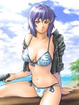  bikini breasts cleavage cloud front-tie_top ghost_in_the_shell ghost_in_the_shell_stand_alone_complex gun handgun jacket kusanagi_motoko laughing_man logo off_shoulder open_clothes open_jacket pink_eyes purple_hair short_hair side-tie_bikini sitting sky solo swimsuit ueyama_michirou water weapon 