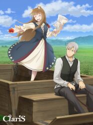  1boy 1girl album_cover animal_ear_fluff animal_ears apple blue_sky blush brown_hair closed_eyes closed_mouth clouds cloudy_sky collared_shirt cover craft_lawrence dress fangs food frilled_sleeves frills fruit full_body grass grey_eyes grey_hair grey_pants grey_vest holding holding_food holding_fruit holding_map holding_reins holo long_hair long_sleeves map official_art outdoors pants pouch reins shirt sidelocks sitting sky smile spice_and_wolf standing standing_on_one_leg very_long_hair vest wagon white_shirt wolf_ears wolf_girl 