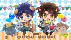  2boys animal_ears battle_tendency belt blue_eyes blue_necktie bright_pupils brown_hair brown_jacket brown_shoes brown_sweater chibi chibi_only dog_boy dog_ears dog_tail green_eyes jacket jojo_no_kimyou_na_bouken jonathan_joestar joseph_joestar joseph_joestar_(young) kemonomimi_mode male_focus morino_peko multiple_boys necktie open_mouth phantom_blood scarf shoes star_(symbol) stone_mask_(jojo) string_of_flags striped_clothes striped_scarf sweater tail white_pupils 