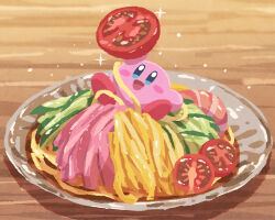  :d blue_eyes blush_stickers commentary_request cucumber cucumber_slice food ham hiyashi_chuuka kirby kirby_(series) lettuce miclot no_humans noodles omelet open_mouth shrimp smile tamagoyaki tomato 