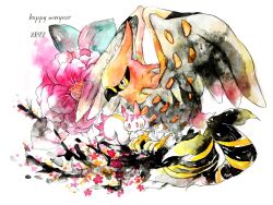  2017 alternate_color branch camellia check_flower closed_mouth flower flower_request full_body happy_new_year highres no_humans non_(kumakawayusu) pachirisu painting_(medium) pink_eyes pink_flower pokemon pokemon_(creature) shiny_pokemon simple_background talonflame traditional_media watercolor_(medium) white_background 