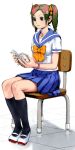  akiman book chair green_hair multicolored_hair purple_hair reading ribbon ribbons school_uniform serafuku sitting twintails yasuda_akira 