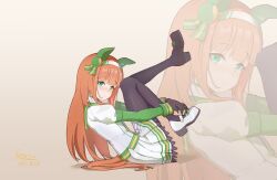 1girl absurdres animal_ears aqua_eyes black_gloves black_pantyhose blush brown_background closed_mouth commentary_request full_body gloves green_ribbon green_sleeve_cuffs hair_ribbon hairband happy high_heels highres horse_ears horse_girl horse_tail hugging_own_legs kailu_(531002068) lace-trimmed_skirt lace_trim layered_sleeves legs_up long_hair long_sleeves looking_at_viewer mary_janes miniskirt orange_hair pantyhose pleated_skirt puffy_short_sleeves puffy_sleeves pumps ribbon shadow shirt shoes short_over_long_sleeves short_sleeves silence_suzuka_(umamusume) single_stripe sitting skirt sleeve_cuffs smile solo sphere_hair_ornament straight_hair striped_ribbon tail umamusume very_long_hair white_hairband white_shirt white_shoes white_skirt zoom_layer 