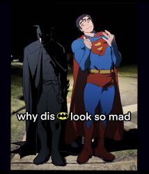  2boys batman batman_(series) belt bhedoods black_bodysuit black_boots black_border black_cape black_hair black_sky blue_bodysuit blue_eyes blush bodysuit boots border bruce_wayne cape clark_kent closed_mouth dc_comics english_commentary english_text full_body grass hands_up helmet highres looking_at_viewer male_focus male_underwear meme multiple_boys night night_sky outdoors red_boots red_cape red_male_underwear shadow short_hair sky smile superhero_costume superman superman_(series) thumbs_up underwear why_dis_ninja_look_so_mad_(meme) yellow_belt 