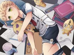  1boy aged_down blonde_hair blush book book_stack braid character_doll doll giorno_giovanna gold_experience green_eyes jojo_no_kimyou_na_bouken lying male_focus morino_peko notebook on_side pencil pencil_case school_uniform sex_pistols_(stand) shirt short_sleeves sketchbook socks solo stand_(jojo) vento_aureo white_shirt white_socks 