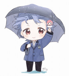  1boy black_pants blue_jacket character_charm charm_(object) chibi chibi_only closed_mouth dated full_body grey_hair holding holding_umbrella jacket krudears male_focus pants pink_hair protagonist_(tokimemo_gs3) red_eyes shitara_seiji short_hair smile tokimeki_memorial tokimeki_memorial_girl&#039;s_side tokimeki_memorial_girl&#039;s_side_3rd_story umbrella upper_body white_background 
