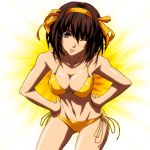  ;p bikini breasts cleavage face fumei hands_on_hips imizu_(nitro_unknown) large_breasts muscle side-tie_bikini suzumiya_haruhi suzumiya_haruhi_no_yuuutsu swimsuit tongue wink 