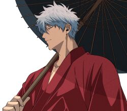  1boy alternate_costume blue_hair from_side gintama highres holding holding_umbrella japanese_clothes kimono looking_to_the_side male_focus messy_hair oil-paper_umbrella red_kimono sakata_gintoki serious solo umbrella yubi_nui21 