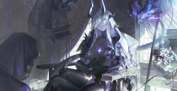  1girl 2others arknights armor armored_boots armored_gloves black_armor black_cloak black_horns black_mask black_tail black_thighhighs blackcatoho blonde_hair boots box breasts chair cloak coat coat_on_shoulders cowboy_shot crossed_legs dark dragon_girl dragon_horns dragon_tail fiery_tail fire green_eyes hair_over_one_eye highres holding holding_box hood hood_up horns long_hair mask medium_breasts multiple_others necrass_(arknights) on_chair parted_lips purple_fire shoulder_armor shoulder_spikes sitting slit_pupils spikes tail thigh-highs torn_clothes torn_thighhighs undead very_long_hair white_coat 