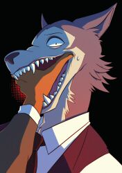  2boys animal_ears beastars dog_nose fangs furry furry_male grey_fur highres karina_farek legoshi looking_at_viewer louis_(beastars) male_focus multiple_boys necktie pov pov_hands sharp_teeth shirt simple_background teeth white_shirt wolf_boy wolf_ears 