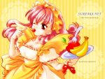  1024x768 apples apron banana cherries cherry food fork fruit morimoto_kinoko pink_hair plate red_eyes waitress wallpaper wink yellow 