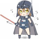  blush breath brown_hair cape chaudlapin chibi darth_vader energy_sword gloves goggles lightsaber lowres one-piece_swimsuit school_swimsuit snorkel solo star_wars swimsuit swimsuit_costume sword weapon yellow_eyes 