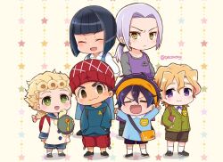  6+boys :3 aged_down apron arms_up black_hair blue_apron blue_shorts blunt_bangs book brown_shorts bruno_bucciarati chibi chibi_only closed_mouth giorno_giovanna green_eyes green_sweater guido_mista happy holding holding_book hood hood_down hoodie jojo_no_kimyou_na_bouken kindergarten_uniform leone_abbacchio morino_peko multiple_boys narancia_ghirga pannacotta_fugo purple_apron purple_ribbon red_shorts ribbon shorts sweater twitter_username vento_aureo violet_eyes 