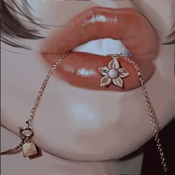  1girl aerith_gainsborough art_study brown_hair final_fantasy final_fantasy_vii final_fantasy_vii_remake flower flower_necklace gold_necklace highres jeseni jewelry mouth_focus necklace parted_bangs parted_lips pointing_out_the_details solo teeth 