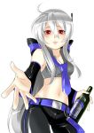  alcohol bottle breasts caffein cleavage detached_sleeves long_hair outstretched_hand red_eyes silver_hair solo very_long_hair vocaloid voyakiloid yowane_haku 