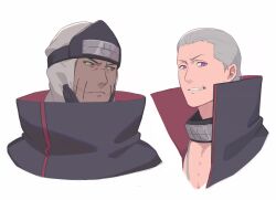  akatsuki_uniform closed_mouth colored_sclera dark-skinned_male dark_skin evil_grin evil_smile forehead_protector frown green_eyes grey_hair grin hair_slicked_back hidan_(naruto) high_collar highres jewelry kakuzu_(naruto) looking_at_viewer mask mo_(user_jeyg3777) naruto_(series) naruto_shippuuden necklace pink_eyes red_sclera short_hair simple_background smile stitched_mouth stitches takigakure_symbol unworn_mask white_background 