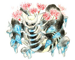  alternate_color animal_focus blue_eyes colored_pencil_(medium) flower full_body giratina highres no_humans non_(kumakawayusu) pokemon pokemon_(creature) red_flower shiny_pokemon simple_background solo spider_lily traditional_media white_background 